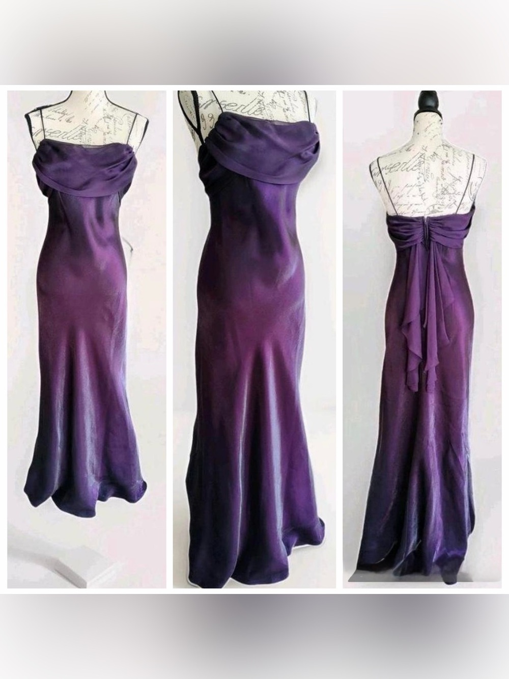 Betsy & Adam iridescent Purple gown with draped Back ribbon